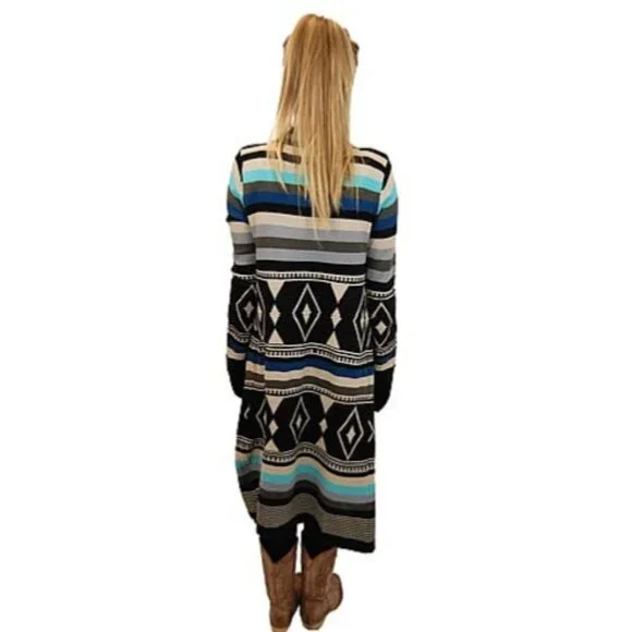 Love Stitch Long Geometric Striped Open Front Waterfall Cardigan Duster - Picture 11 of 16